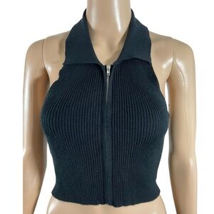 Debut Black Ribbed Knit Zip Front Collared Halter Crop Top M/L